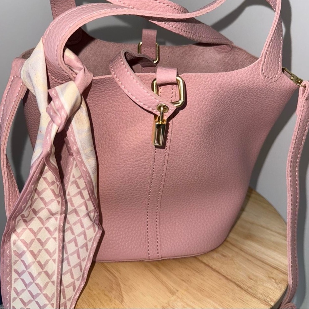 Pink Bucket Bag Handbag with Gold Accents and scarf